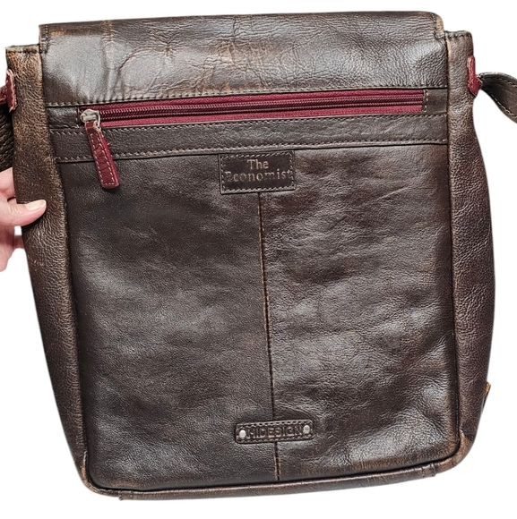 Aged Dark Brown Leather Messenger Bag Green Striped Cloth Lining Tons of Pockets - Picture 2 of 16